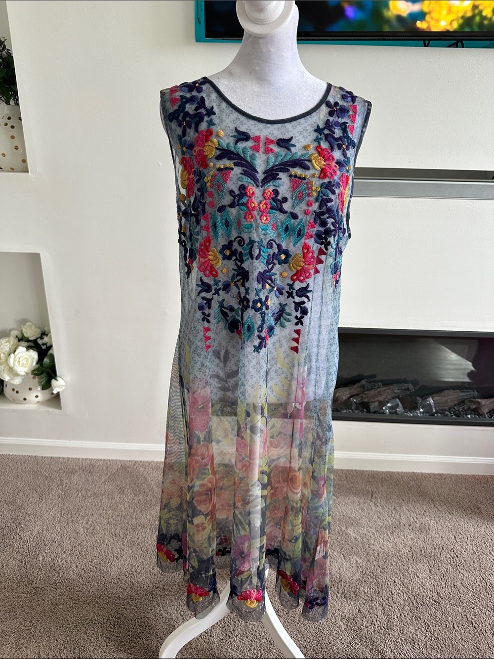 Johnny Was Sheer Floral Embroidered Maxi Dress in Blue, Pink, Green - Picture 2 of 8
